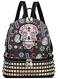 Sugar Skull Day of the Dead Fashion Backpack Punk Art Studded School Bag Biker Daypack Purse Shoulder Bag (Black)
