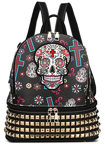Sugar Skull Day of the Dead Fashion Backpack Punk Art Studded School Bag Biker Daypack Purse Shoulder Bag (Black)