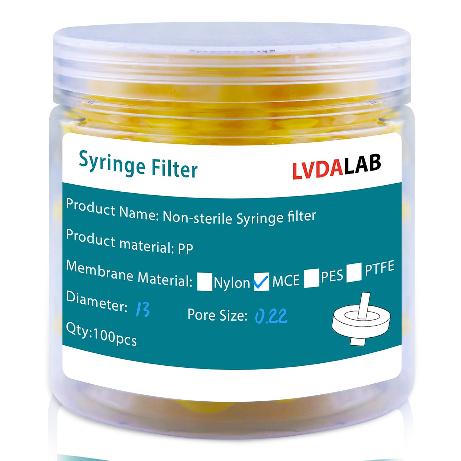 Photo 1 of LVDALAB 100PCS Scientific Syringe Filters MCE Mixed Cellulose Ester Membrane 13mm/0.51in Diameter 0.22?m Pore Size Hydrpfilic Lab Filters Non-Sterile,Yellow