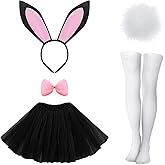 Yahenda 5 Pcs Easter Bunny Costume Set for Adult Bunny Ears Headband Rabbit Bowtie Tail Tutu Thigh High Stocking for Cosplay