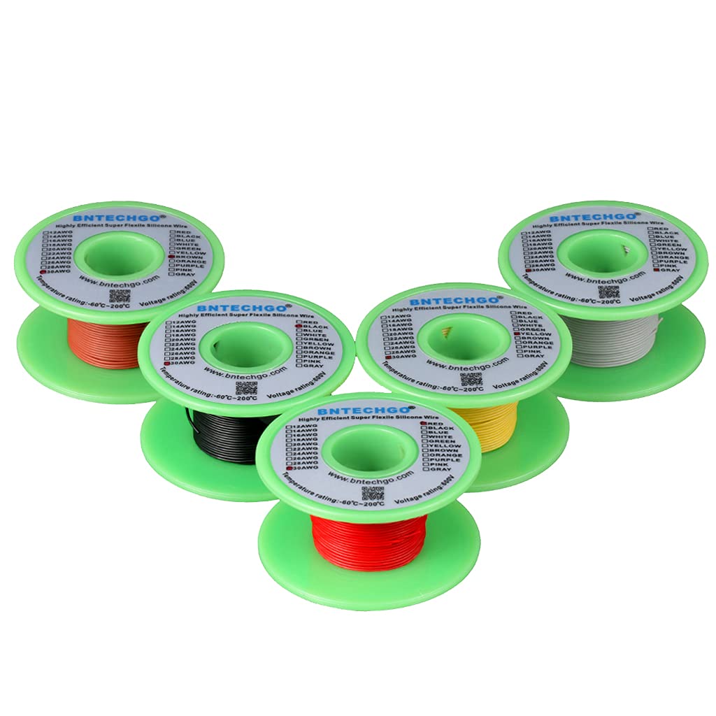 BNTECHGO Ultra Flexible 30 Gauge Silicone Wire Spool 5 Color Red Black Yellow Brown Gray High Resistant 200 deg C 600V Electronic Wire 30 AWG Stranded Wire 11 Strands Tinned Copper Wire Hook Up