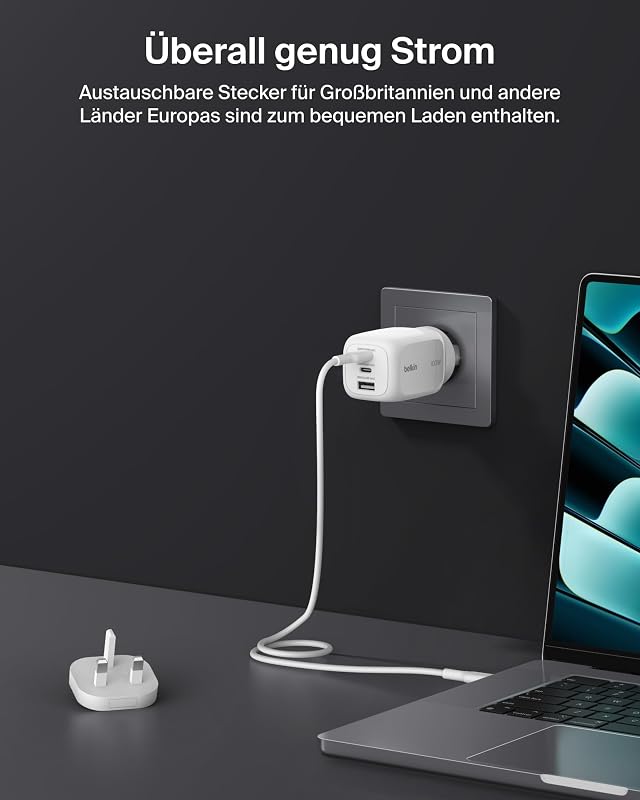 3 Port USB C Ladegerät, 100 W, GaN-Ladegerät, 2 USB-C-Anschlüsse, 1 USB-A-Anschluss, inkl. Reisestecker für EU/UK/USA, Schnellladen von MacBook, iPhone, iPad Pro, Samsung Galaxy, Pixel – Weiß