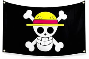 HOOMDABOX 5x3 FT Multicolor Anime Style Pirate Flag with Luffy's Straw Hat Skull Design for Halloween Decor, Japanese Theme Party, Room Decoration