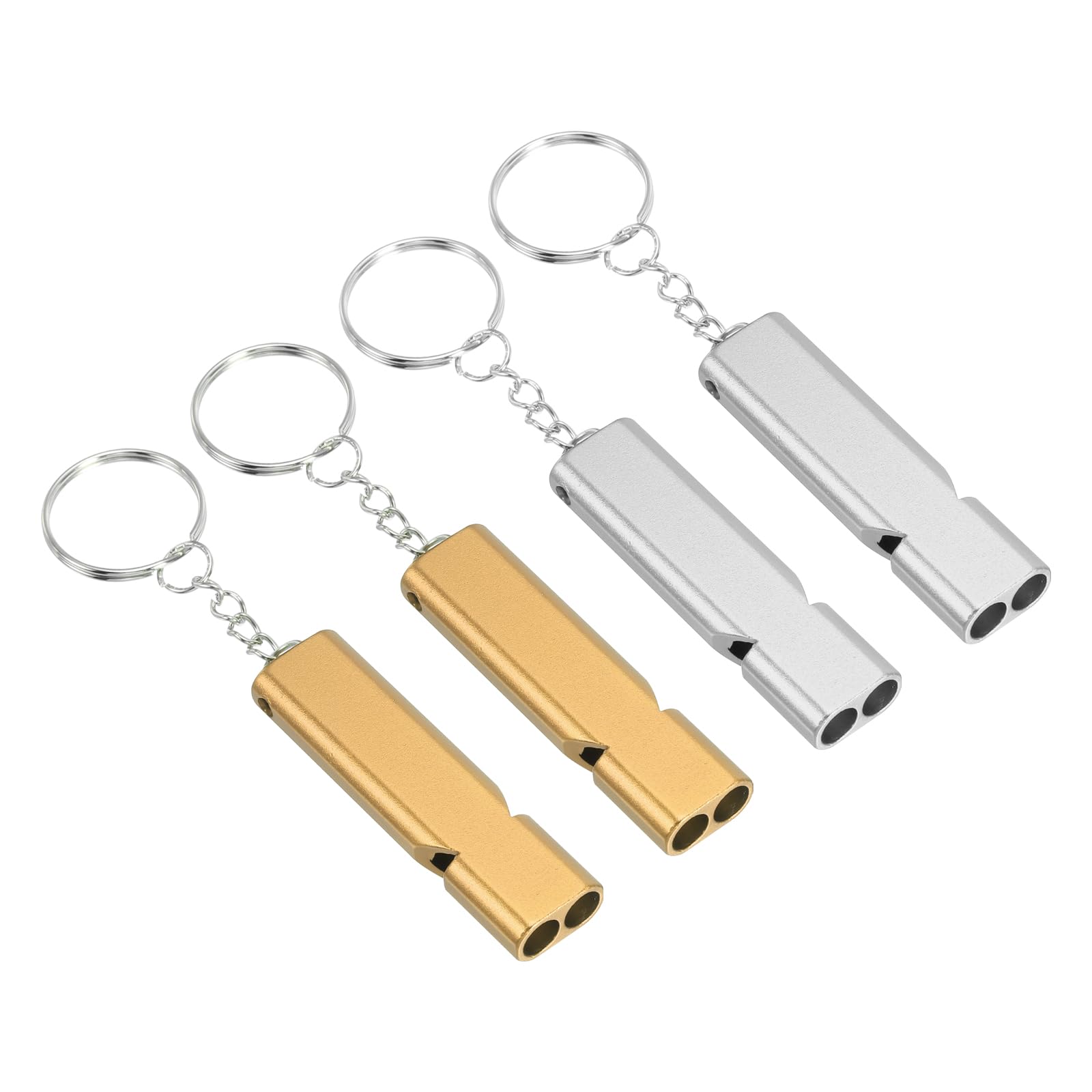 PATIKIL Emergency Whistle, 4 Pack Loud Sound Aluminum Keychain Whistles Outdoor Safety Survival Whistle for Camping Hiking, Gold, Silver