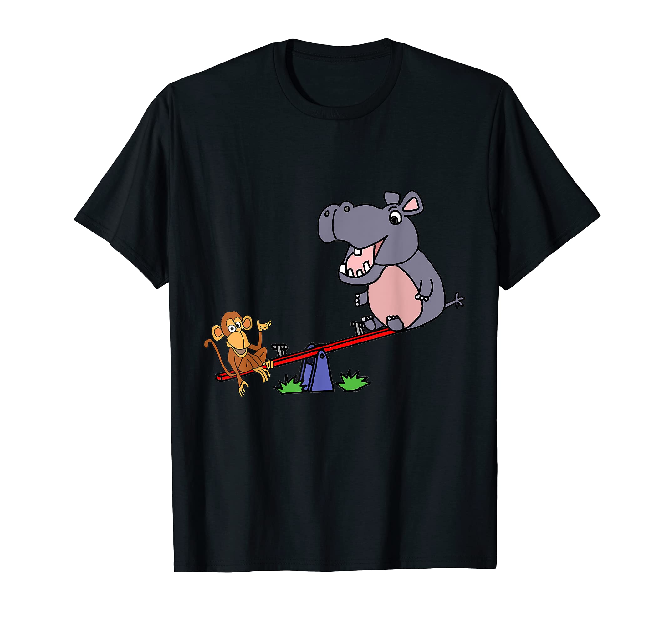 Smileteesfunny Funny Monkey and Hippo Playing Seesaw Cartoon T-Shirt