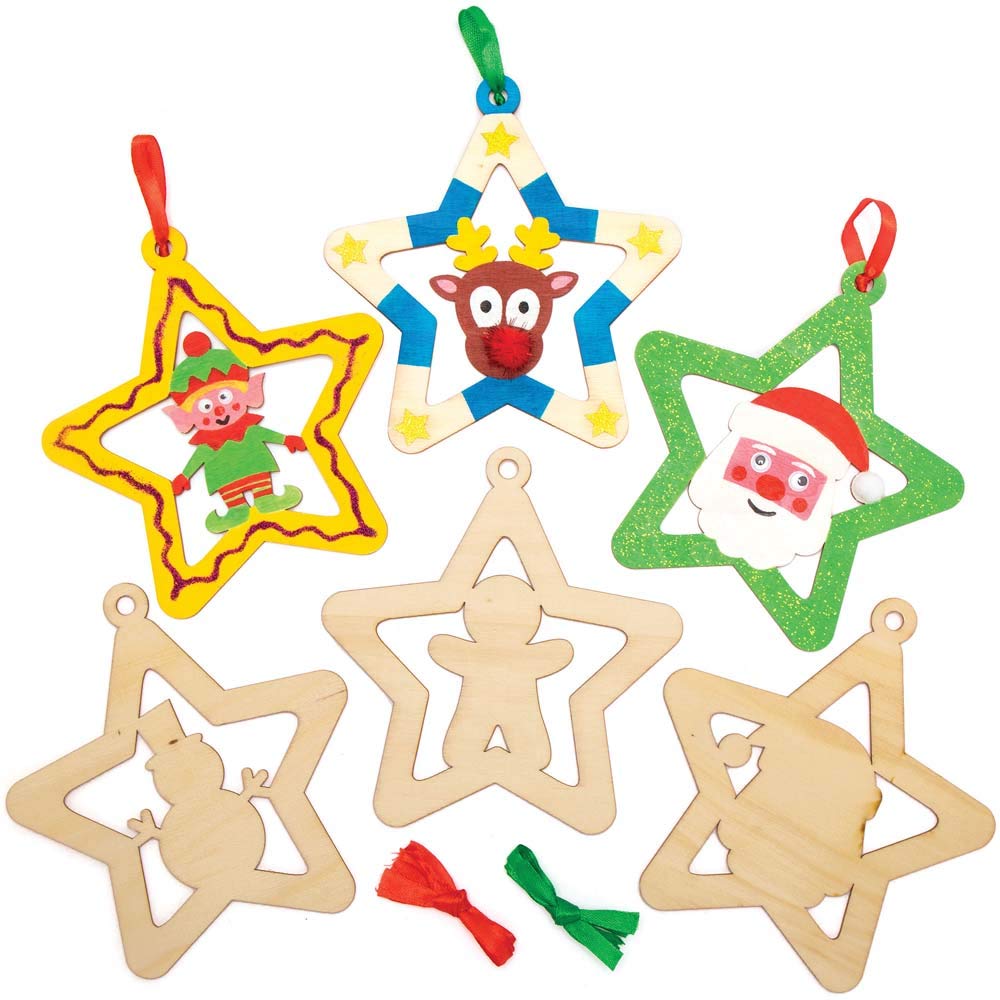 Baker Ross AX415 Star Wooden Bauble Decorations - Pack of 10, Christmas Tree Ornaments for Creative Art and Craft Activities to Paint and Decorate