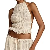 Passec Open Back Halter Tops for Women Bow Tie Back Ruched Ruffle Crop Tops Smocked Y2K Going Out Camisoles