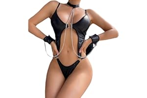 Sexy Lingerie for Women PU Leather Wet Look Cut-Out Bodysuit with Metal Chain Body Cage Lingerie Valentine