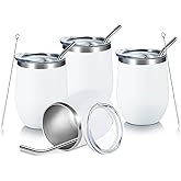 COMOOO 12oz Stainless Steel Wine Tumbler with Lid and Straw, Insulated Wine Tumbler Cup, Stemless Wine Glass Tumbler for Hot and Cold Drinks,Champagne, Cocktails, White, 4 Pack