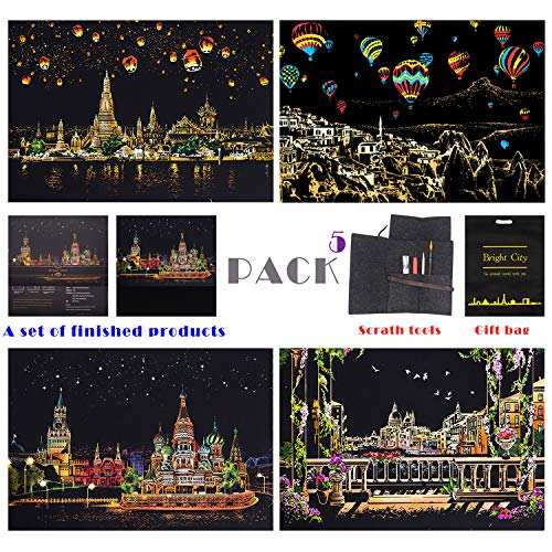 BOTEEN Rainbow Scratch Paper Painting Sketch Pad DIY Art Scenery View Scratchboard for Adults and Kids with 4 Tools&Finished Product,Size:16''x11''(5 Pack)