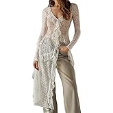 Women Lace Mesh Flowy Maxi Top Tie Front Kimono Cardigan Sheer Long Sleeve Ruffled Duster Layering Shirt Cover Up