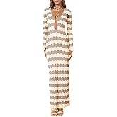 Saodimallsu Womens Crochet Summer Maxi Dress Striped Sexy Cut Out V Neck Long Sleeve Knit Cover Up Beach Dresses