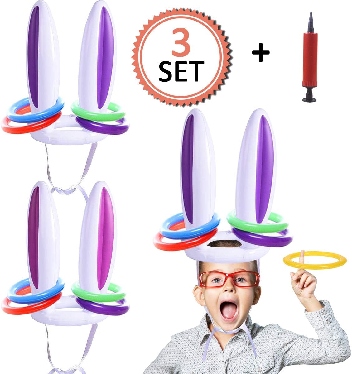 IRONLAND 3 Pack Easter Inflatable Bunny Ears Ring Toss Party Games Easter Indoor Outdoor Rabbit Ears Ring Toss Games Toys Gift Party Favors Supplies for Kids Adult Family School Carnival