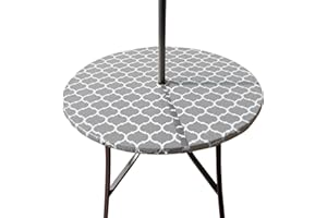 Hipinger Vinyl Round Fitted Tablecloth with Zipper and Umbrella Hole, Outdoor Oil Waterproof Stain Resisteant PVC Table Cover for Party, Picnic and Patio 45-56 Inch, Grey Moroccan