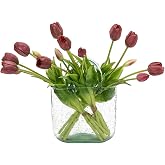 DUYONE 15Pcs Artificial Tulips Flowers, Soft Touch Realistic Latex Tulips Bouquet for Home Office Wedding Party Garden Decor, Fake Flowers for Dining Table Living Room Spring(Deep Purple,15pcs)