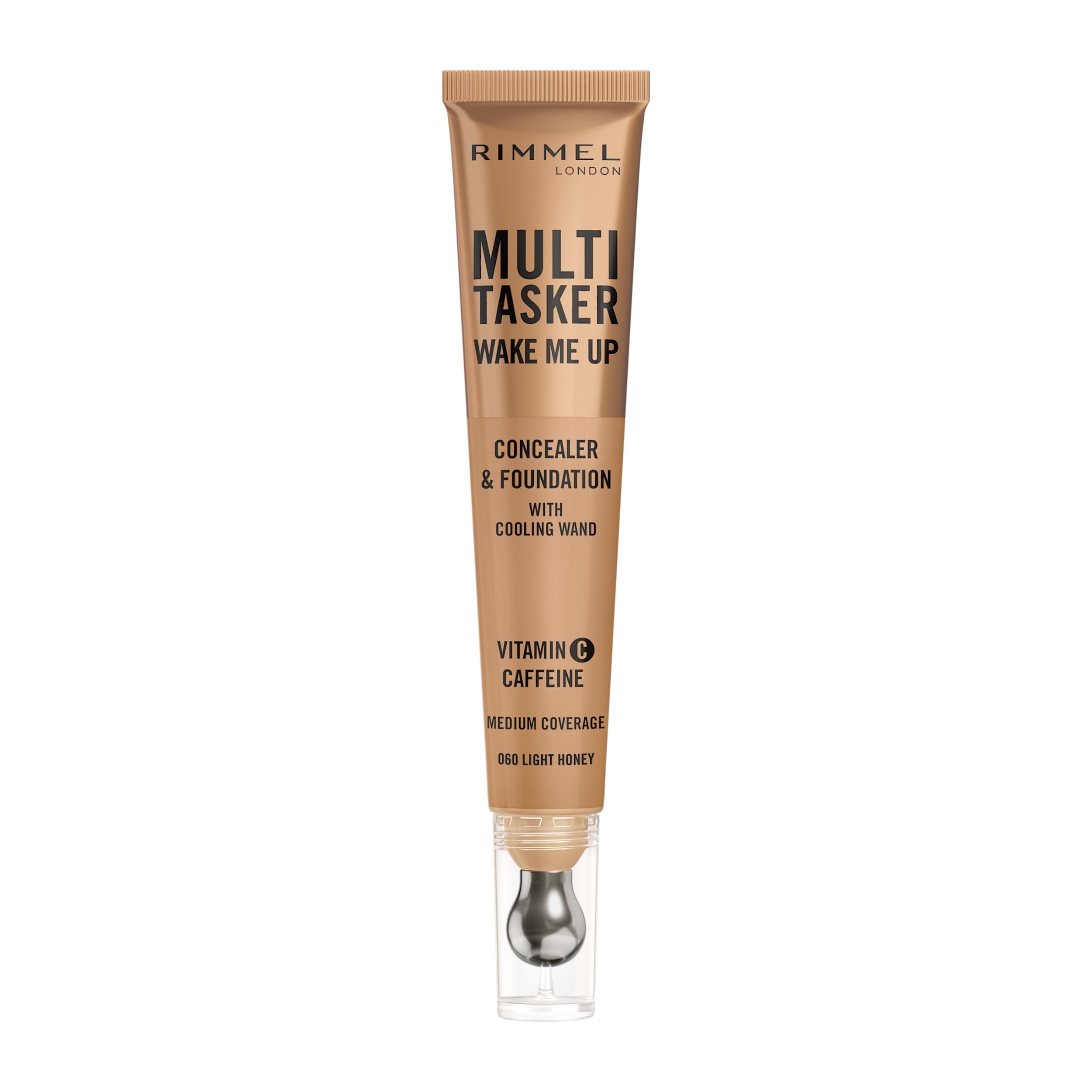 Rimmel Multi-Tasker Wake Me Up Foundation & Concealer 060 Light Honey, Depuffs & Brightens Dark Circles, Metallic Cooling Applicator, Caffeine & Victamin C, 2% Niacinamide, Vegan, Cruelty free