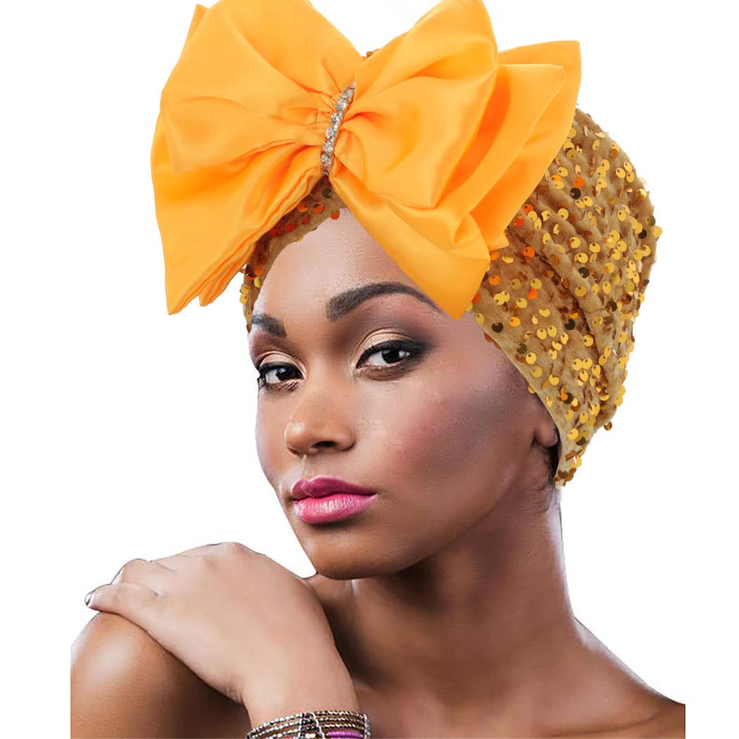 Head Wrap Bow Turban Sequin Beanie Pre Tie Head Scarf for Women Yellow