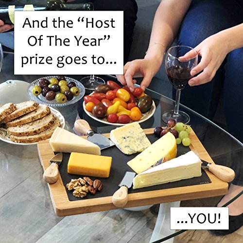 Cheese Board and Cheese Knife Cutlery Set by MiTBA â€“ Cheese & Charcuterie Serving Tray Made of Natural Bamboo and Slate Stone Platters. Perfect Gift for Anniversary, Housewarming & Birthday Parties.