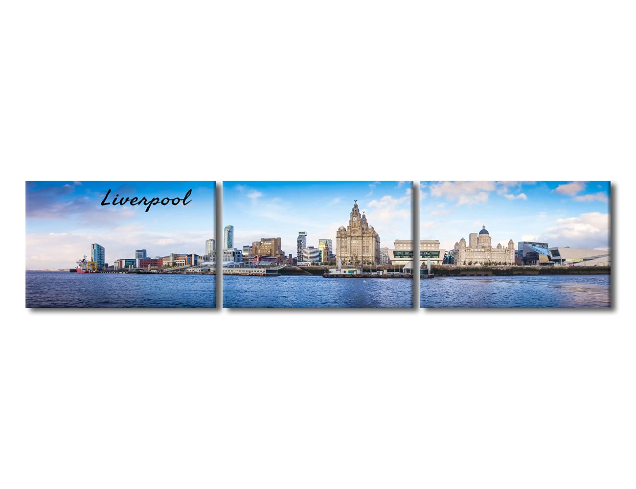 TISHIRON 3 Panels Panoramic view of Liverpool waterfront the River Mersey Canvas Wall Art Cityscape Picture Canvas Print for Bedroom Bathroom Decoration Framed Artworks