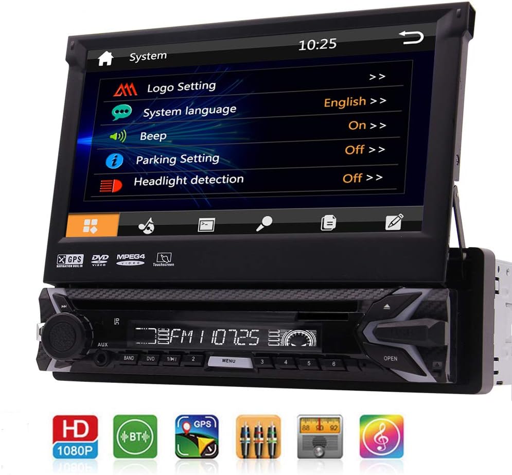 Single 1 Din Car DVD CD Player 7 inch Detachable Capacitive Touchscreen 1Din GPS Navigation Stereo Bluetooth Autoradio in Dash Head Unit FM AM RDS 1080p Video CAM-in USB SD AUX with 8GB Map & Remote