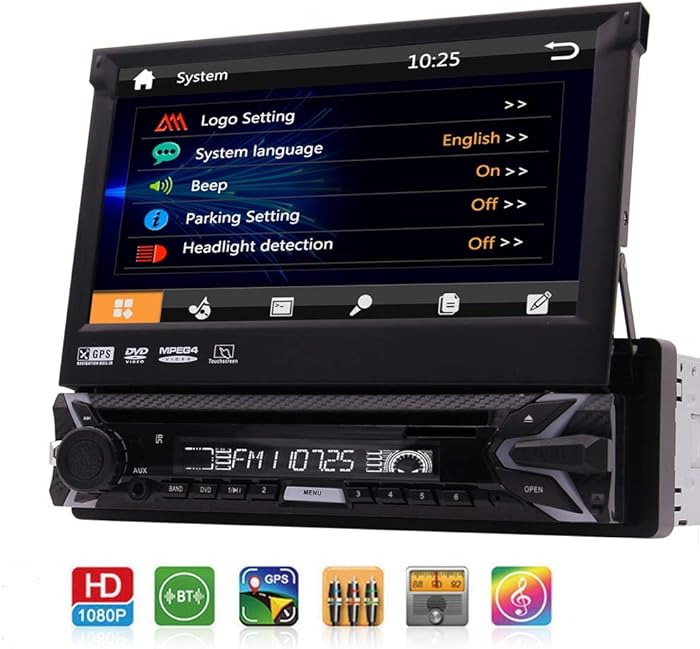 Single 1 Din Car DVD CD Player 7 inch Detachable Capacitive Touchscreen 1Din GPS Navigation Stereo Bluetooth Autoradio in Dash Head Unit FM AM RDS 1080p Video CAM-in USB SD AUX with 8GB Map & Remote