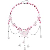 Dreuyet Bohemian Butterfly Tassel Necklace for Women Dainty Resin Y2K Heart Butterfly Choker Charm Crystal Beaded Pendant Necklace Summer Seaside Jewellery