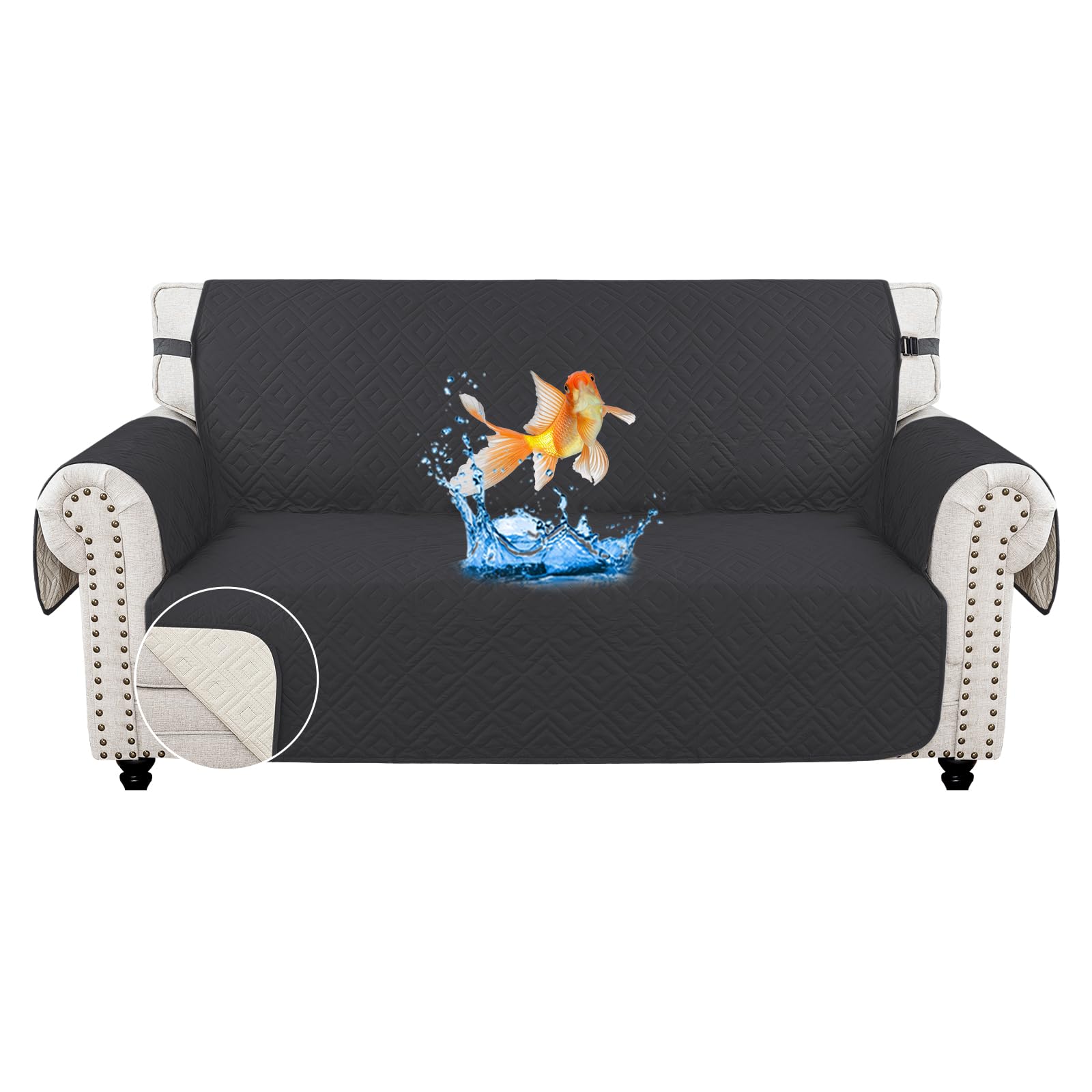 MAXIJIN Sofa Covers Waterproof Sofa Slipcovers Non-Slip 2 Seater Sofa Protectors with Elastic Straps Reversible Universal Couch Covers for Dogs, Pets, kids (Black, 2 Seater)