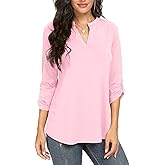 NILOUFO Womens Casual Summer Shirts Notch V Neck Blouses 3/4 Roll Sleeve Tops Tunics(Pink, X-Large)