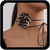 Allereyae Gothic Leopard Print Flower Necklace Layered Flower Choker Necklace Camellia Floral Necklaces Black Leather Collar Necklaces Long Tie Floral Jewelry for Women