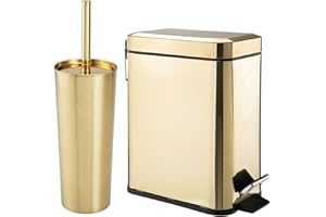 mDesign Metal Freestanding Slim Toilet Bowl Brush and Holder + Rectangle Narrow 5 Liter / 1.3 Gallon Step Pedal Trash Can Wastebasket for Bathroom - Small, Compact Design - Set of 2 - Soft Brass
