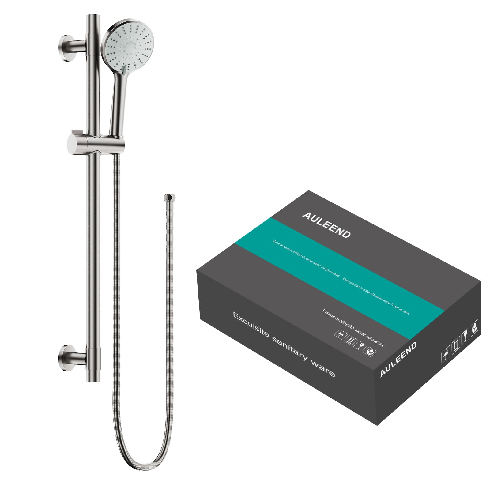 AULEEND Shower Slide Bar Handheld Shower Head with Hose, 5-Function Hand Shower with Wall Mount，Adjustable Height Shower Head (Brushed Nickel)