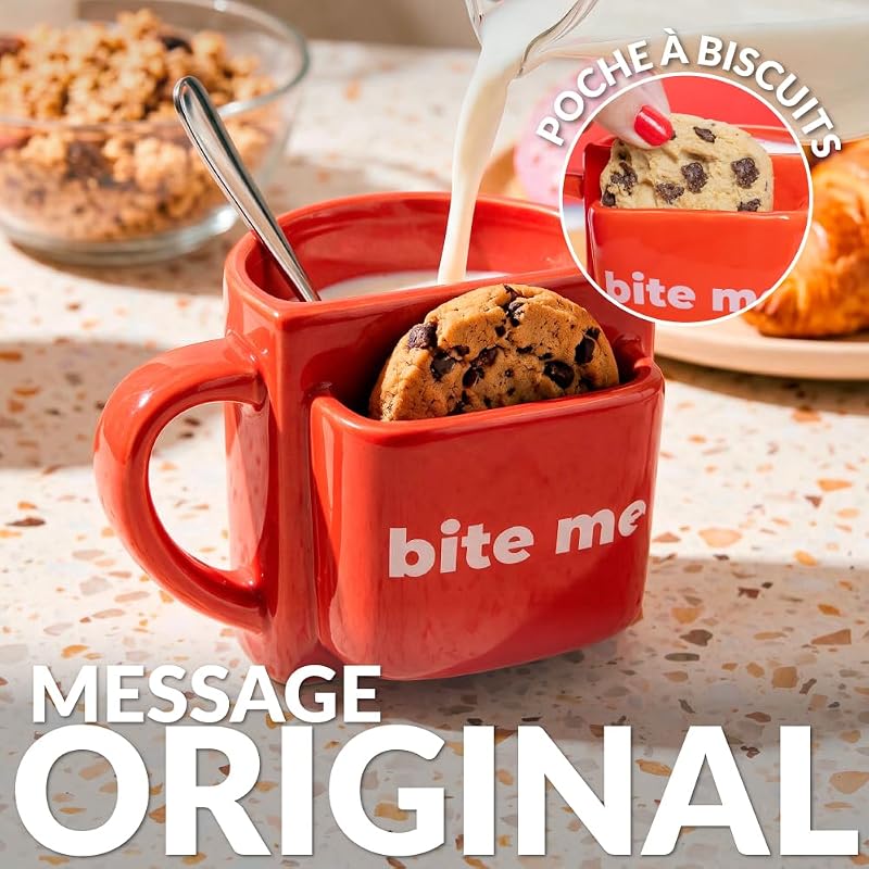 Fisura Tasse en céramique rouge « Bite Me » avec poche à biscuits. Tasse à thé originale pour le petit déjeuner. Tasse humoristique et moderne de 325 ml. Idée cadeau originale pour les amateurs de thé