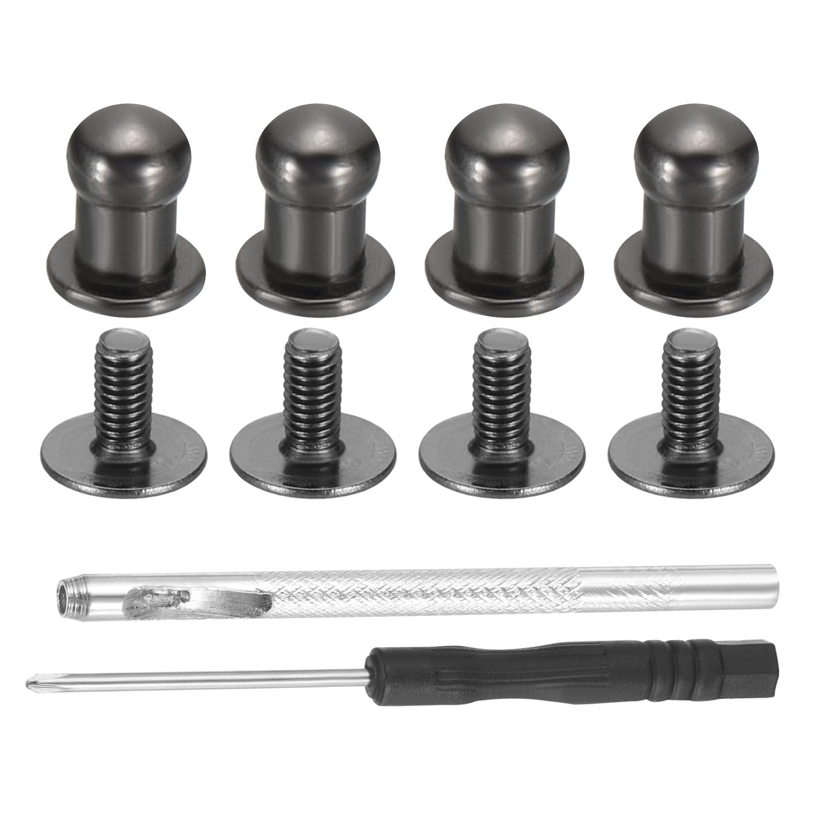 PATIKIL 7x5x6mm Spikes for Clothes, 30 Set Metal Button Spikes with Punch & Screwdriver Screw Kit Flat Head Rivets Screw DIY Leather Barrel Studs Hardware Trim Craft, Black