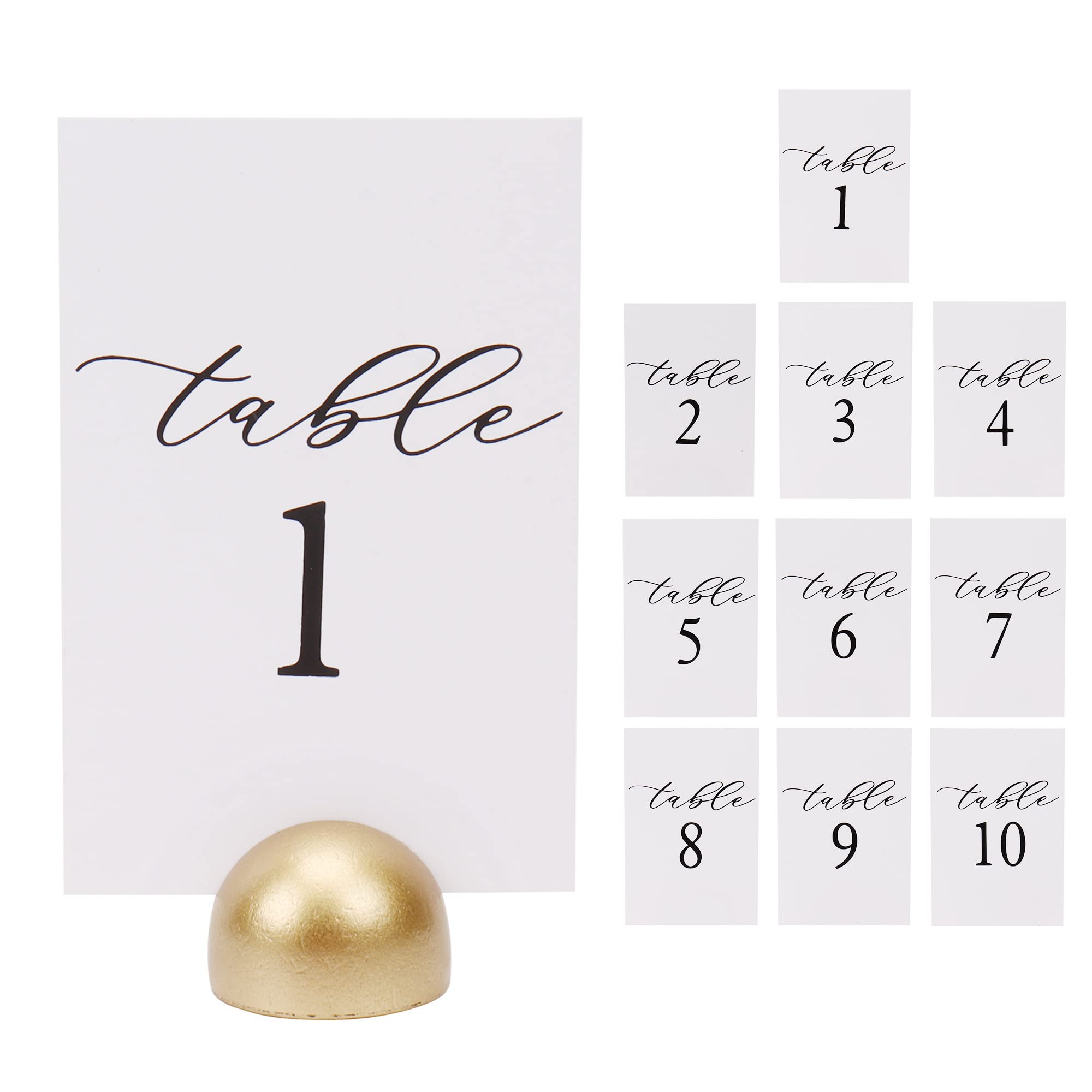 Photo 1 of Hanna Roberts Modern Cursive Table Number Card Stock Signs with Round Stand for Wedding Reception, Restaurant, Event Party, 4" x 6" (Set of 10, 1-10, Gold)