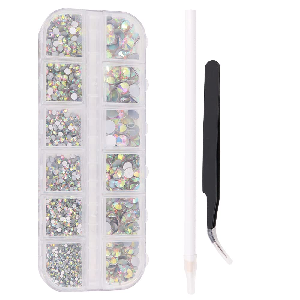 Hsthe Sea 2016 Pieces Flatback Gems Round Crystal Rhinestones for Crafts Mixed 6 Sizes with Picking Tweezers and Pen (Crystal AB)