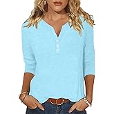 EADINVE Womens 3/4 Sleeve T-Shirts V Neck Buttons Tops Basic Tee Solid Color Blouse Loose Fit Pullover Summer Shirts 2024