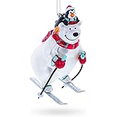 Skiing Polar Bear with Penguin Blown Glass Christmas Ornament