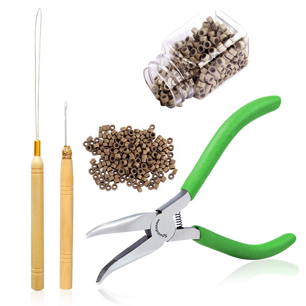 SPEEDWOX Pulling Hook Bead Device Tool Kits Hair Extension Tool Pliers Bent Nose Plier Smooth Jaws 5.5 Inches 500 Pieces 5mm Blonde Silicone Lined Micro Rings