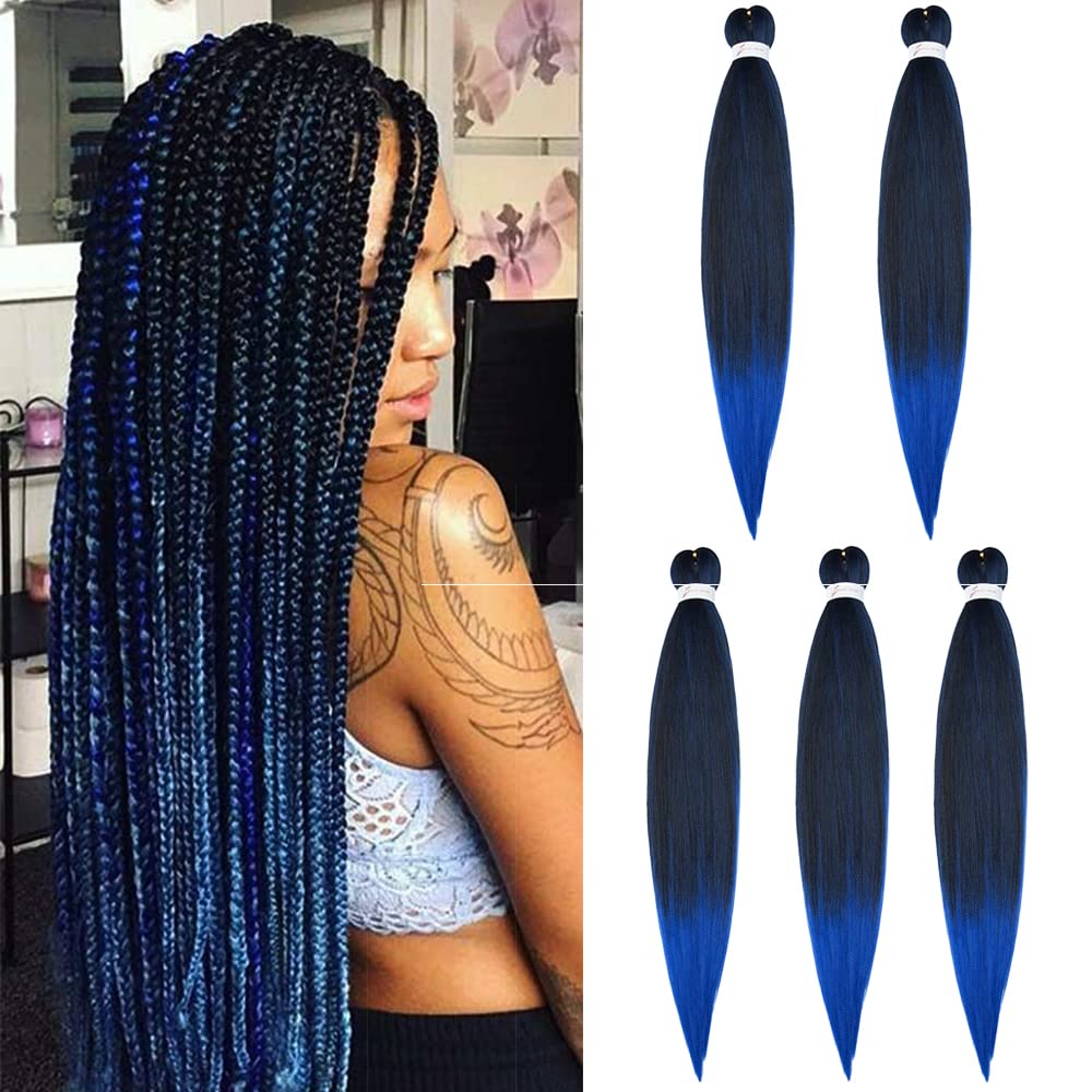 EZ 5Pack Professional Pre Stretched Synthetic Yaki Braiding Hair Extensions: Black to Dark Blue