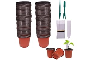 Huvai 100 Pcs 4" Plastic Seedlings Plants Nursery Pots with 100 Pcs Waterproof Plastic Plant Tags and 2Pcs/Set Transplanting Digging Mini Tools