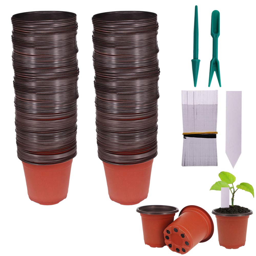 Huvai 100 Pcs 4" (10CM ) Plastic Seedlings Plants Nursery Pots with 100 Pcs Waterproof Plastic Plant Tags and 2Pcs/Set Transplanting Digging Mini Tools