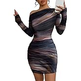 Acelitt Off The Shoulder Dress for Women 2026 Tie Dye Mesh Long Sleeve Ruched Bodycon Cocktail Party Mini Dresses