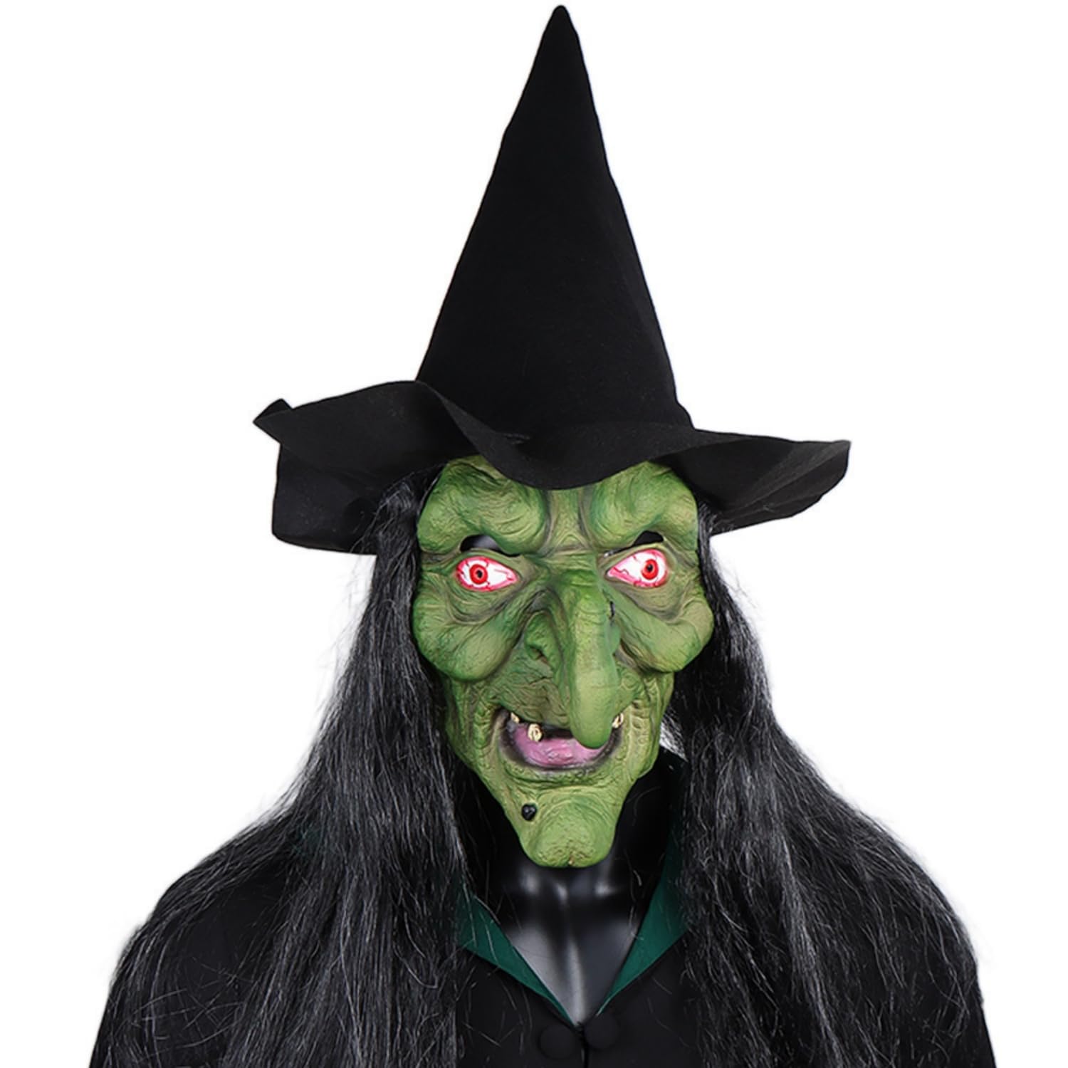 ITODA Halloween Green Witch Mask with Wigs and Hat Scary Horror Latex Mask Wizard Full Face Masks Halloween Carnival Haunted House Parties Props for Adults
