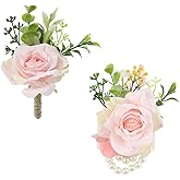 Meldel Wrist Corsage and Boutonniere Set(2pcs), Artificial Silk Rose Pink Wrist Flower for Bride Bridesmaids, Boutonniere for Groom Best Man Wedding Flower Accessories Prom Ceremony Party Decor