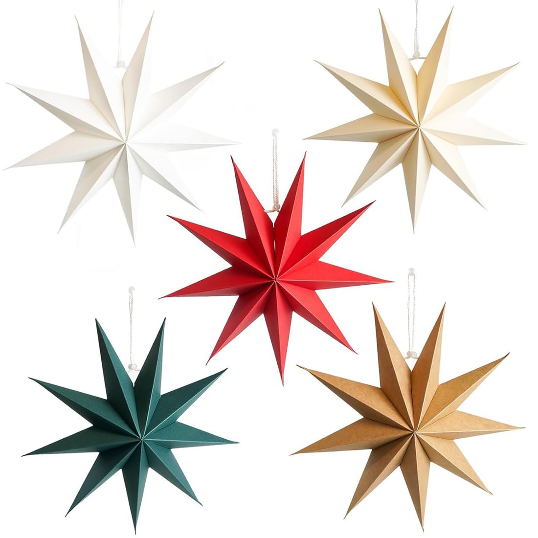 Photo 1 of ***red missing***KLAZYUN 5 Pcs Star Paper Lanterns, 9 Pointed Christmas Hanging Lamp, Christmas Ornaments Vintage Farmhouse Paper Decorations, Xmas Party Wedding Birthday Decorations