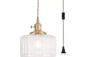 Shenmoyl Plug in Pendant Light Hanging Light Fixture Corded On/Off Switch Brass Pendant Light with Clear Striped Glass Lampshade for Bedroom Living Room Kitchen Island