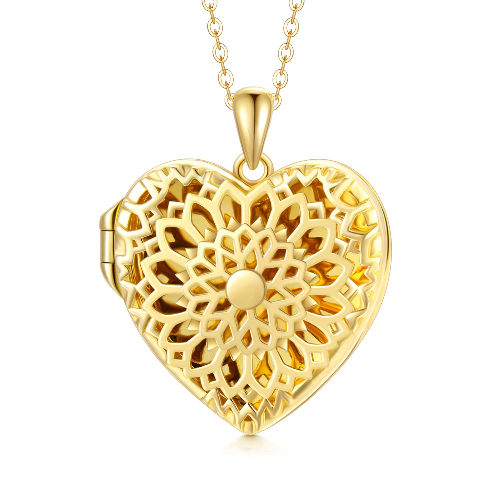 SOULMEET Yellow Gold Plated Personalized Hollow Sunflower Heart Shaped Locket Necklace That Holds Picture(Locket only)