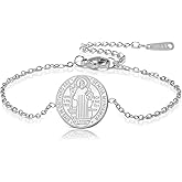 TEAMER Saint Benedict Bracelet Stainless Steel St. Benedict Pendant Jesus Cross Religious Catholic Amulet of Strength Peace Prayer Jewelry For Women Men