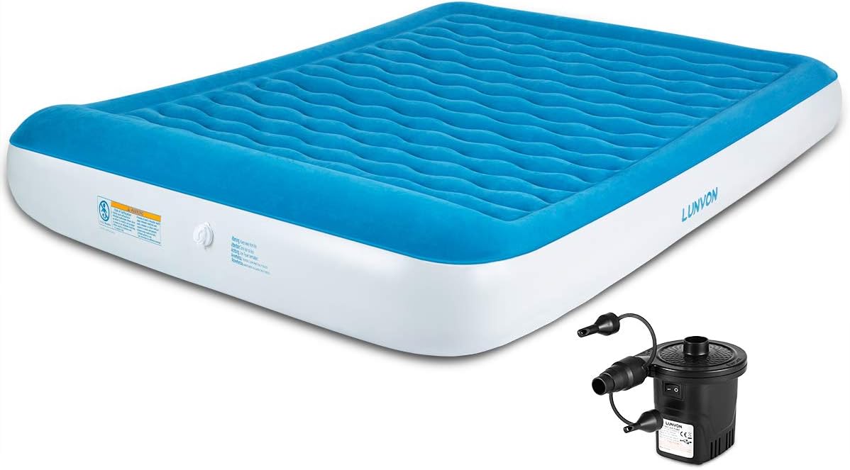 Lunvon Queen Air Mattress for Home and Camping Outdoor Self Inflatable Pad Blow Up Bed with Built-in Pillow Anti-Leakage Raised Airbed Quick Rechargeable Pump for Guest Height 10" 2-Year After Service: Kitchen & Dining