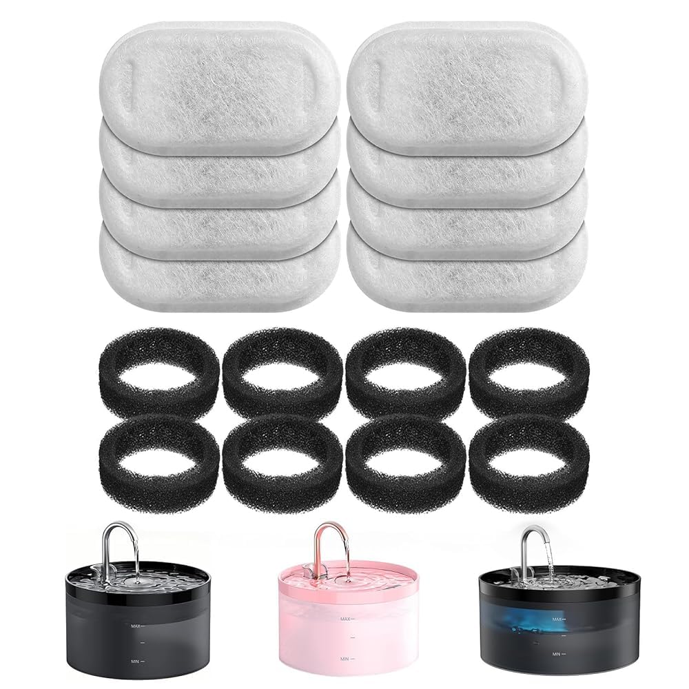 GIOTOHUN Cat Fountain Filter, 8 Pieces Filters + 8 Pieces Foam Filters for Cat Drinking Fountain, Filtering Hair (Sponge), Triple Filtering (Filter), Suitable for H1, H1-8PCS